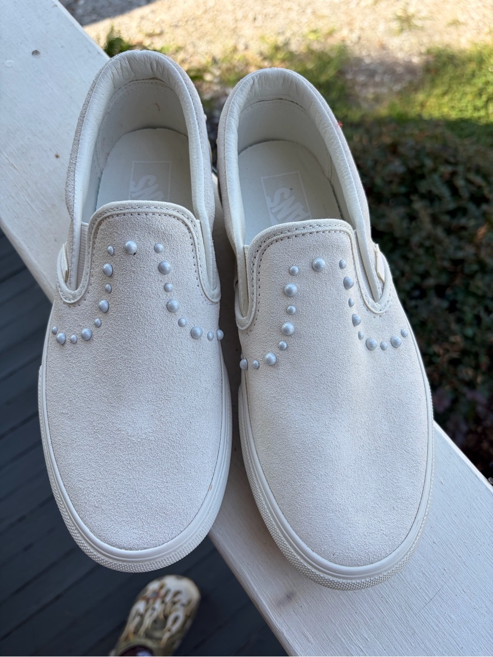 Vans Cream Suede Slip-On Sneakers with Pearl-Style Studs